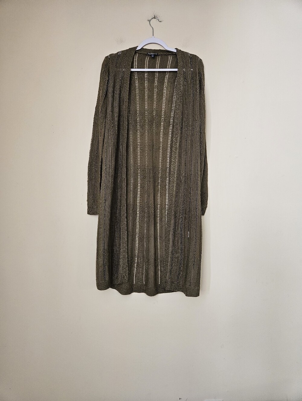 Freshman Olive Open-Front Long Knit Cardigan, Size Medium